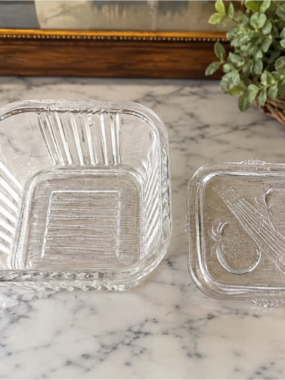 Vintage Federal Glass Refrigerator Dish Vegetable Lid 4” Square Clear